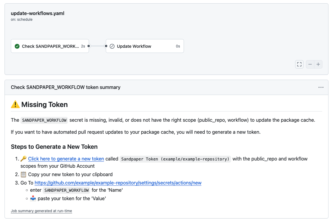 Output of the 02 Maintain: Update Workflow Files workflow in the Actions page of a GitHub repository when no SANDPAPER_WORKFLOW token is available on the repository. The output displays a message &ldquo;Missing Token: The SANDPAPER_WORKFLOW secret is missing, invalid, or does not have the right scope (public_repo, workflow) to update the package cache. If you want to have automated pull request updates to your package cache, you will need to generate a new token.&rdquo; accompanied by instructions for generating and adding this token.
